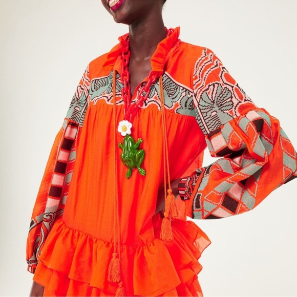 Iris Apfel X H&M Flounce Embroidered Tunic Dress Orange - Picture 10 of 11